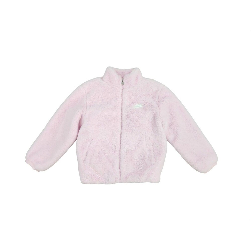 Nike Girls Faux Fur Fuzzy Swoosh Bomber Jacket Pink Size 5-6 Medium - Picture 2 of 8